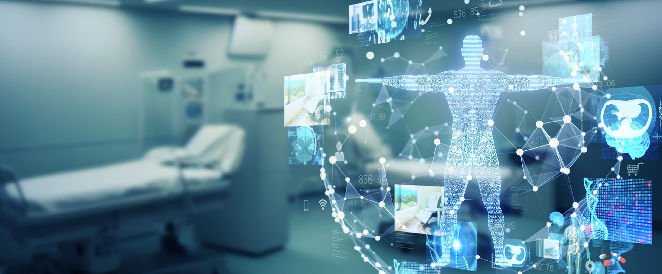 Vertragsspitäler & tarifliche Leistungen In einem Krankenhauszimmer sieht man die digitale Darstellung eines Körpers mit Behandlungsmethoden.